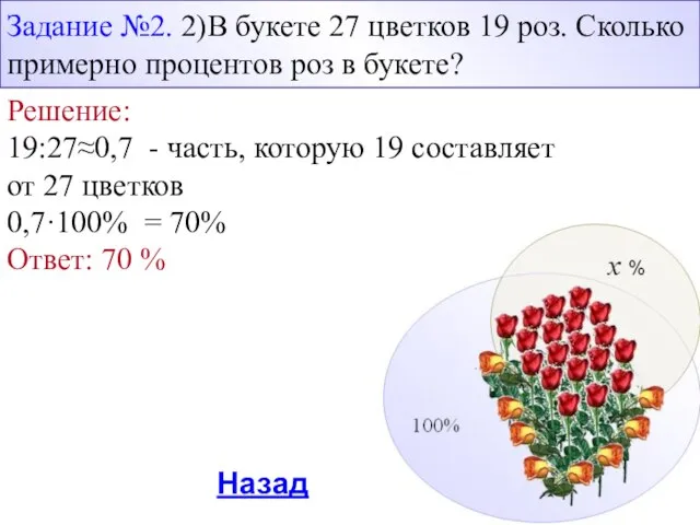 Задание №2. 2)В букете 27 цветков 19 роз. Сколько примерно процентов роз