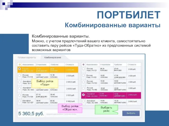 ПОРТБИЛЕТ Комбинированные варианты Комбинированные варианты. Можно, с учетом предпочтений вашего клиента, самостоятельно