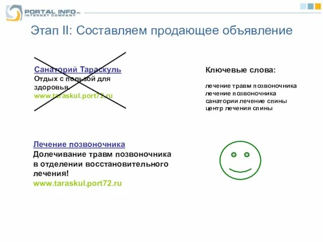 Этап II: Составляем продающее объявление Санаторий Тараскуль Отдых с пользой для здоровья.