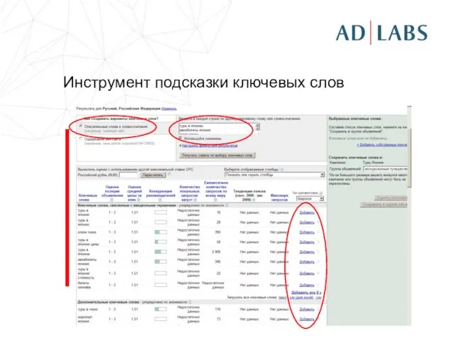 Инструмент подсказки ключевых слов