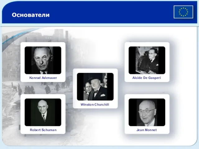 Основатели Konrad Adenauer Robert Schuman Winston Churchill Alcide De Gasperi Jean Monnet