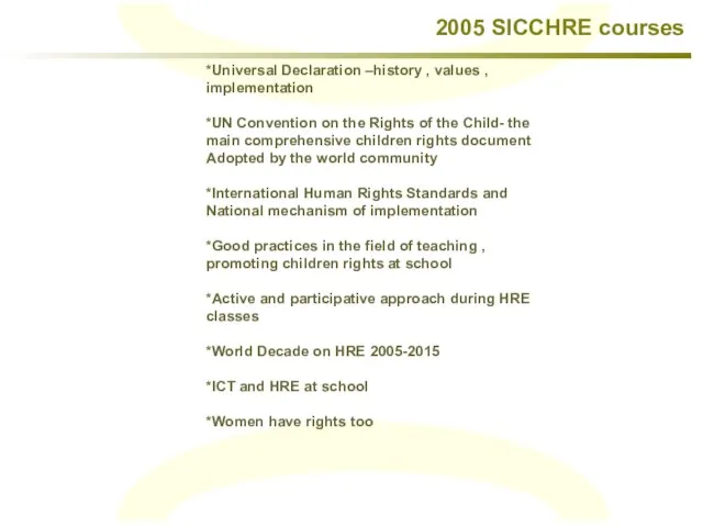 2005 SICCHRE courses *Universal Declaration –history , values , implementation *UN Convention