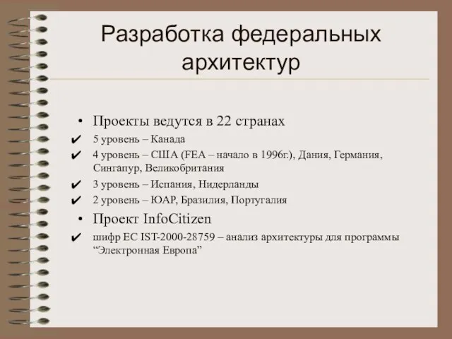 Разработка федеральных архитектур Проекты ведутся в 22 странах 5 уровень – Канада