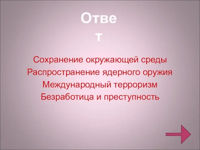 Сохранение окружающей среды Распространение ядерного оружия Международный терроризм Безработица и преступность Ответ