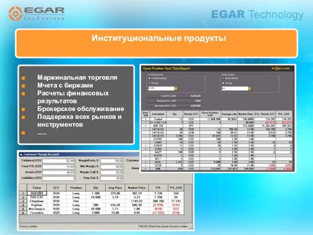Институциональные продукты Маржинальная торговля Мчета с биржами Расчеты финансовых результатов Брокерское обслуживание