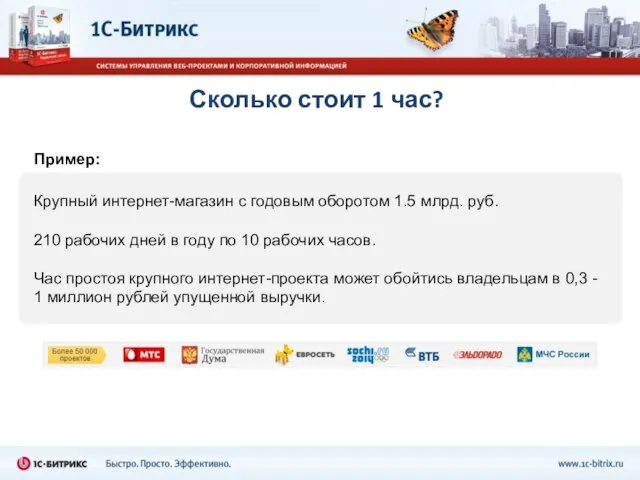 Сколько стоит 1 час? Крупный интернет-магазин с годовым оборотом 1.5 млрд. руб.