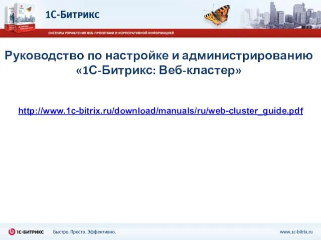 Руководство по настройке и администрированию «1С-Битрикс: Веб-кластер» http://www.1c-bitrix.ru/download/manuals/ru/web-cluster_guide.pdf