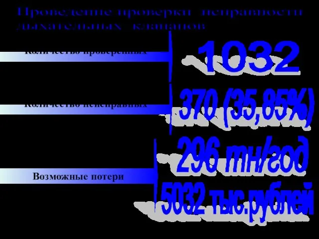 5032 тыс.рублей 1032 370 (35,85%) Количество проверенных дыхательных клапанов Количество неисправных дыхательных