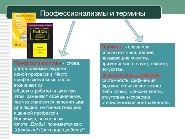 Профессионализмы и термины Профессионализмы - слова, употребляемые людьми одной профессии. Часто профессиональные