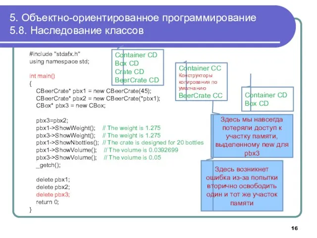 5. Объектно-ориентированное программирование 5.8. Наследование классов #include "stdafx.h" using namespace std; int