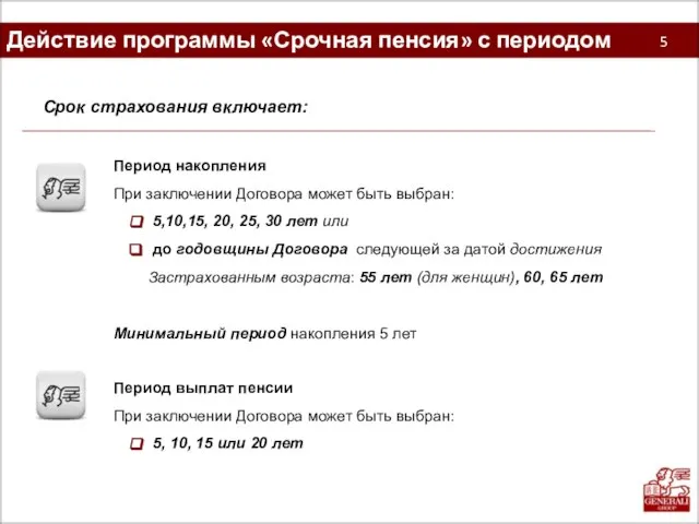 Действие программы «Срочная пенсия» с периодом накопления 5 Период выплат пенсии При