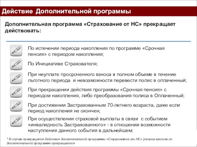 Действие Дополнительной программы Дополнительная программа «Страхование от НС» прекращает действовать: По истечении