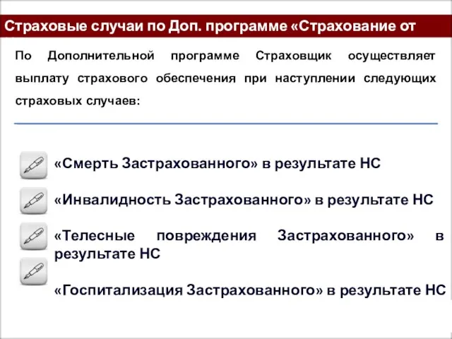 Страховые случаи по Доп. программе «Страхование от НС» «Смерть Застрахованного» в результате