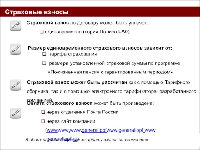 Страховые взносы Размер единовременного страхового взносов зависит от: тарифа страхования размера установленной