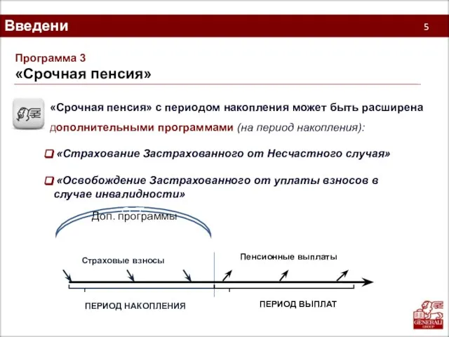 5 Программа 3 «Срочная пенсия» «Срочная пенсия» с периодом накопления может быть