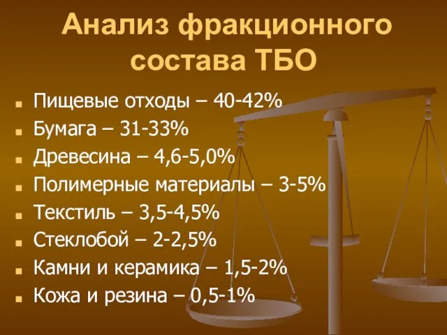 Анализ фракционного состава ТБО Пищевые отходы – 40-42% Бумага – 31-33% Древесина