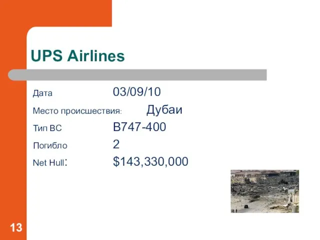 Дата 03/09/10 Место происшествия: Дубаи Тип ВС B747-400 Погибло 2 Net Hull: $143,330,000 UPS Airlines