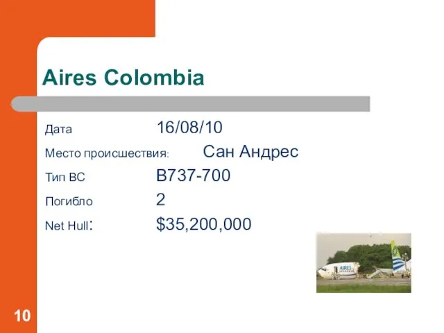 Aires Colombia Дата 16/08/10 Место происшествия: Сан Андрес Тип ВС B737-700 Погибло 2 Net Hull: $35,200,000
