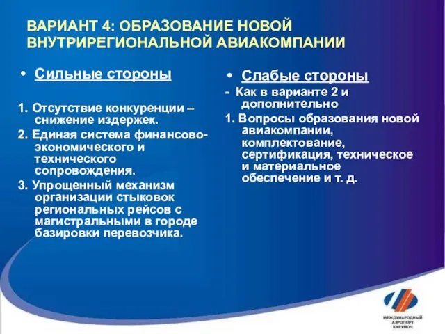 ВАРИАНТ 4: ОБРАЗОВАНИЕ НОВОЙ ВНУТРИРЕГИОНАЛЬНОЙ АВИАКОМПАНИИ Сильные стороны 1. Отсутствие конкуренции –