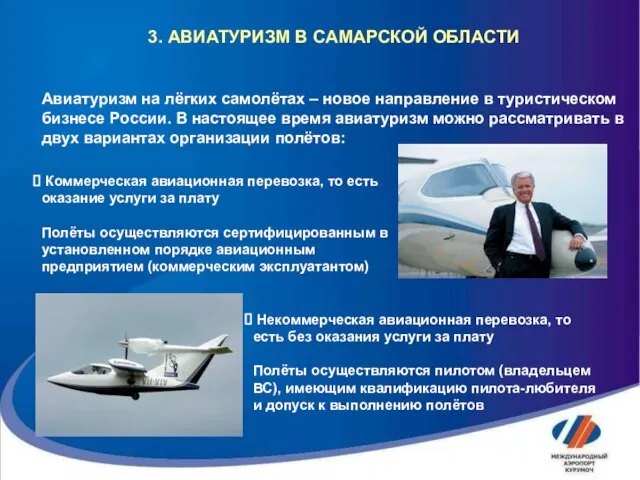 3. АВИАТУРИЗМ В САМАРСКОЙ ОБЛАСТИ Авиатуризм на лёгких самолётах – новое направление