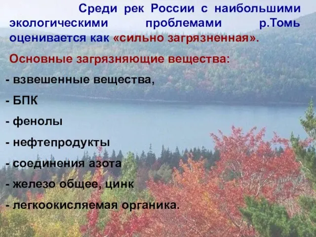 Среди рек России с наибольшими экологическими проблемами р.Томь оценивается как «сильно загрязненная».