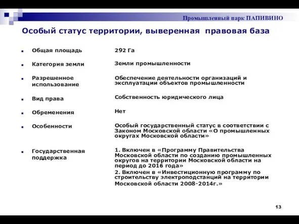 Особый статус территории, выверенная правовая база Промышленный парк ПАПИВИНО 292 Га Земли