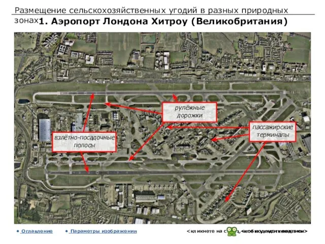 Размещение сельскохозяйственных угодий в разных природных зонах 1. Аэропорт Лондона Хитроу (Великобритания) Оглавление Параметры изображения