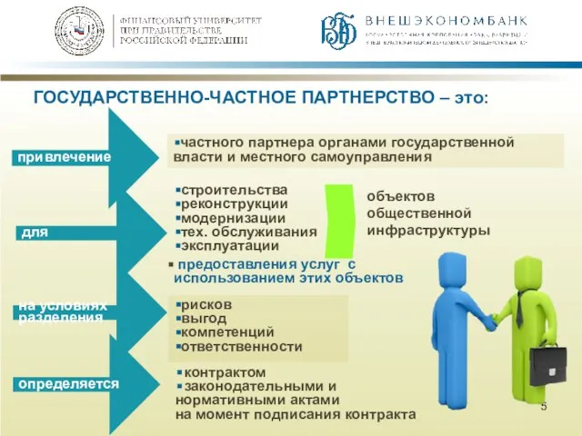 ГОСУДАРСТВЕННО-ЧАСТНОЕ ПАРТНЕРСТВО – это: рисков выгод компетенций ответственности частного партнера органами государственной