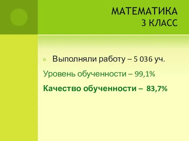 МАТЕМАТИКА 3 КЛАСС Выполняли работу – 5 036 уч. Уровень обученности –