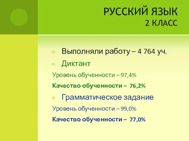 РУССКИЙ ЯЗЫК 2 КЛАСС Выполняли работу – 4 764 уч. Диктант Уровень