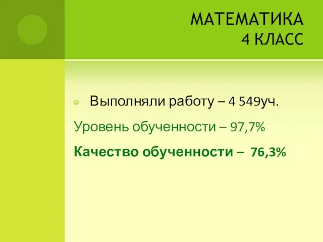 МАТЕМАТИКА 4 КЛАСС Выполняли работу – 4 549уч. Уровень обученности – 97,7% Качество обученности – 76,3%