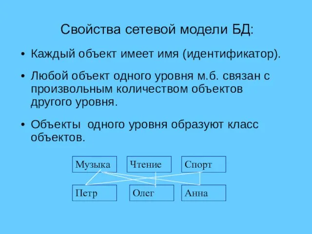 Свойства сетевой модели БД: Каждый объект имеет имя (идентификатор). Любой объект одного