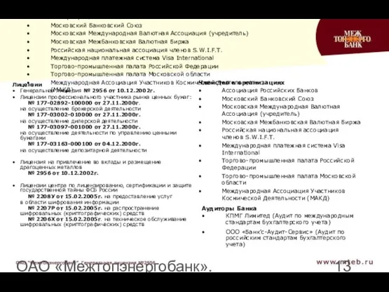 ОАО «Межтопэнергобанк». Генеральная лицензия №2956 Членство в организациях Ассоциация Российских Банков Московский