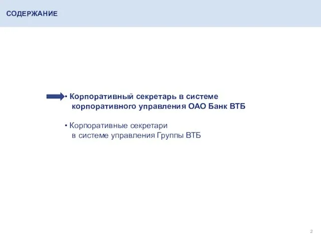 СОДЕРЖАНИЕ Корпоративный секретарь в системе корпоративного управления ОАО Банк ВТБ Корпоративные секретари