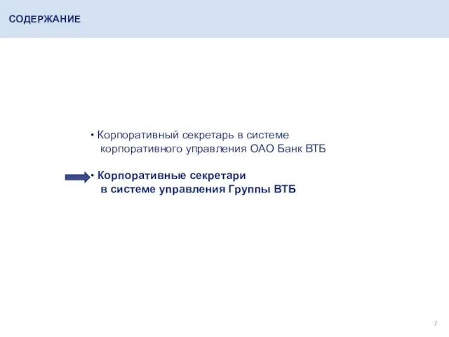 СОДЕРЖАНИЕ Корпоративный секретарь в системе корпоративного управления ОАО Банк ВТБ Корпоративные секретари