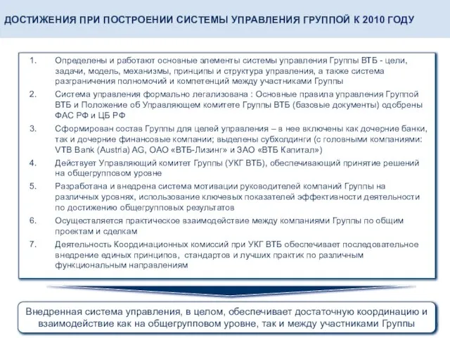 ДОСТИЖЕНИЯ ПРИ ПОСТРОЕНИИ СИСТЕМЫ УПРАВЛЕНИЯ ГРУППОЙ К 2010 ГОДУ Внедренная система управления,