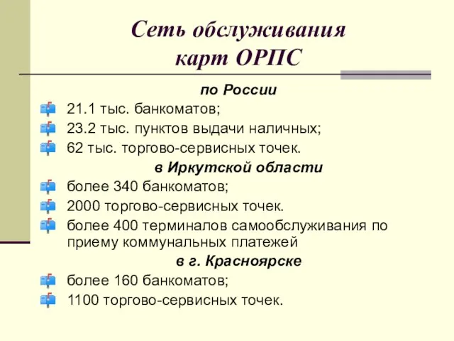 Сеть обслуживания карт ОРПС по России 21.1 тыс. банкоматов; 23.2 тыс. пунктов