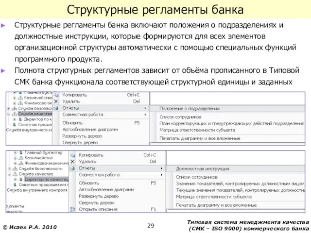 Структурные регламенты банка Структурные регламенты банка включают положения о подразделениях и должностные