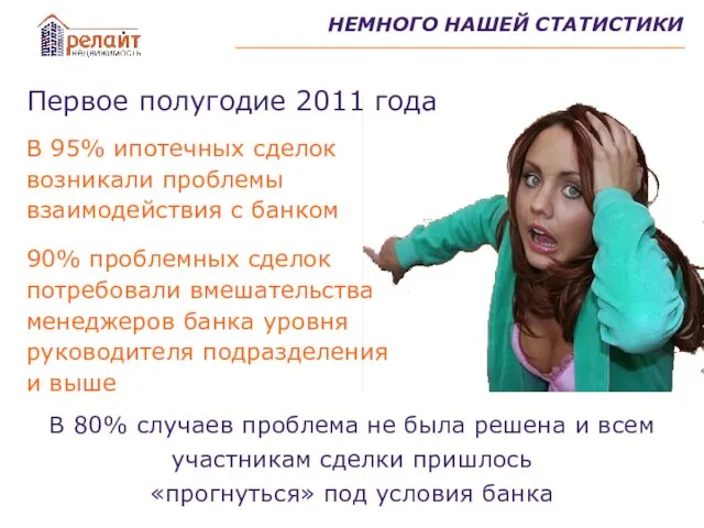 НЕМНОГО НАШЕЙ СТАТИСТИКИ Первое полугодие 2011 года В 95% ипотечных сделок возникали