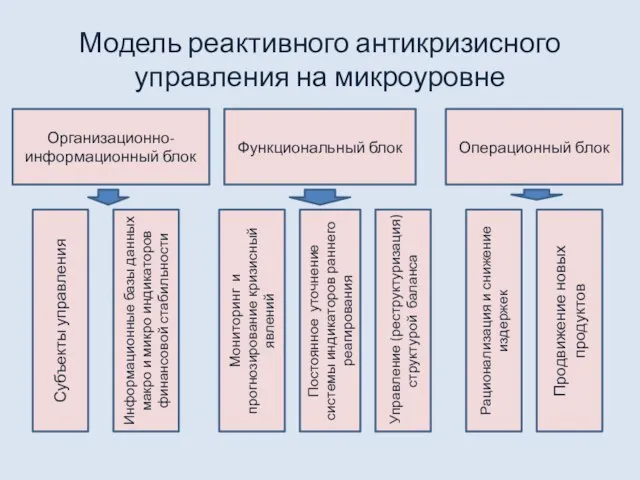 Модель реактивного антикризисного управления на микроуровне Организационно-информационный блок Функциональный блок Операционный блок