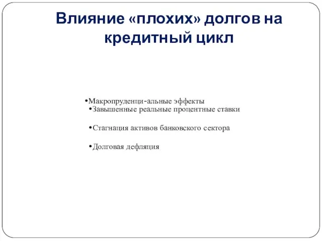 Влияние «плохих» долгов на кредитный цикл Макропруденци-альные эффекты Завышенные реальные процентные ставки