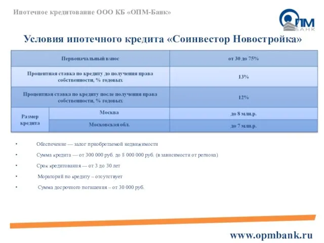 Обеспечение — залог приобретаемой недвижимости Сумма кредита — от 300 000 руб.