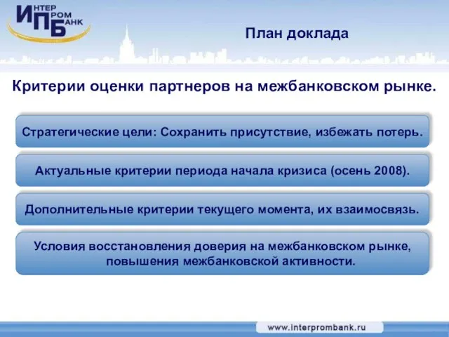 Критерии оценки партнеров на межбанковском рынке. Стратегические цели: Сохранить присутствие, избежать потерь.