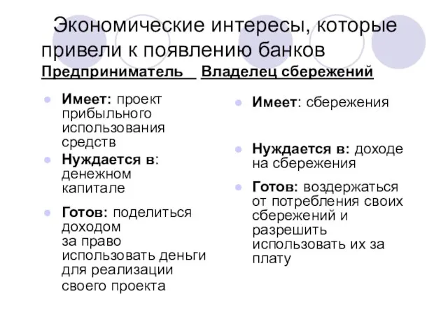 Экономические интересы, которые привели к появлению банков Предприниматель Владелец сбережений Имеет: проект