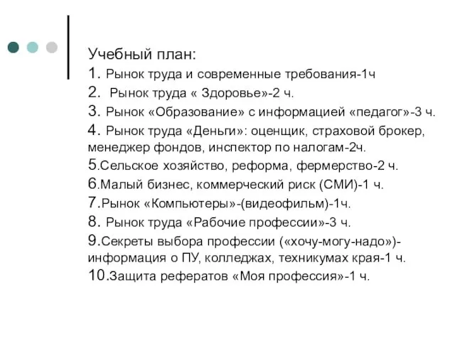 Учебный план: 1. Рынок труда и современные требования-1ч 2. Рынок труда «