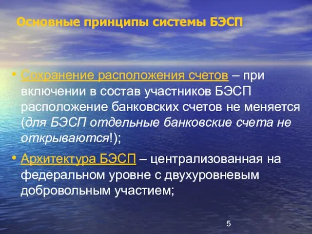 Основные принципы системы БЭСП Сохранение расположения счетов – при включении в состав