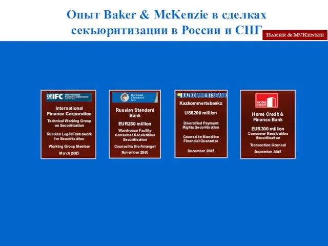 Опыт Baker & McKenzie в сделках секьюритизации в России и СНГ EUR250