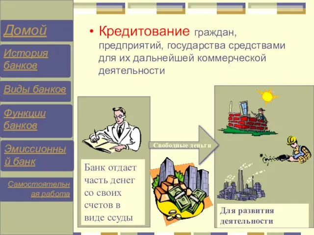 Кредитование граждан, предприятий, государства средствами для их дальнейшей коммерческой деятельности Для развития