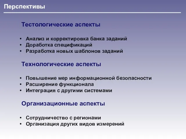 Перспективы Тестологические аспекты Анализ и корректировка банка заданий Доработка спецификаций Разработка новых