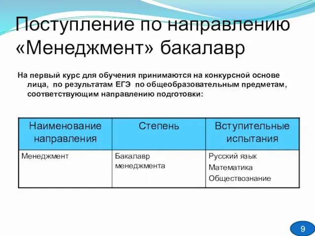 Поступление по направлению «Менеджмент» бакалавр На первый курс для обучения принимаются на